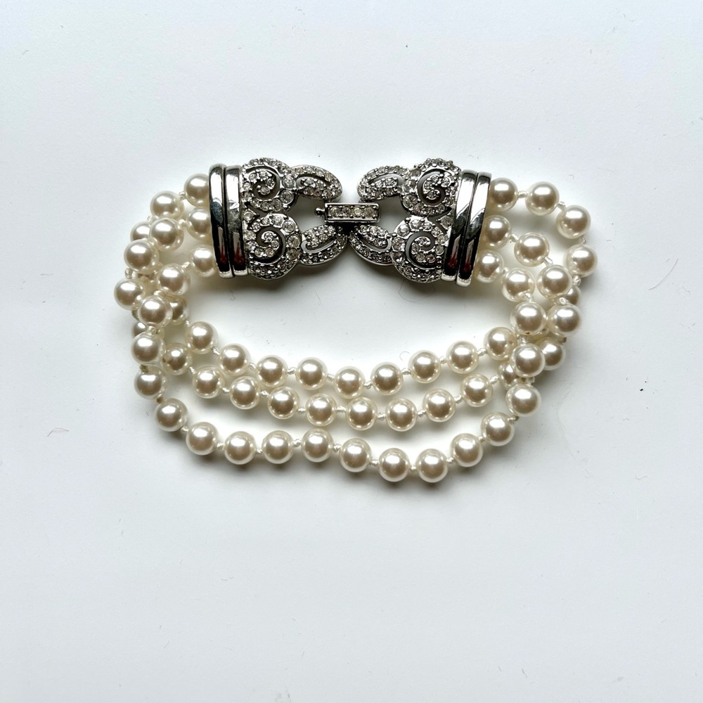 Vintage Swarovski Three Strand Pearl and Crystal Pave Bracelet